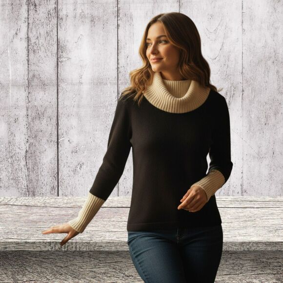 Sisters Vintage 80s Turtleneck Sweater M Black Ivory Colorblock Hong Kong - Picture 1 of 11